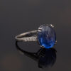 Natural Unheated Ceylon Sapphire Cabochon Ring in 18K White Gold Natural unheated Sri Lankan Ceylon blue sapphire cabochon ring in 18K white gold with diamond-set shoulders.