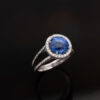 Natural Unheated Ceylon Cornflower Blue Sapphire Halo Ring in 18K White Gold Certified natural unheated cornflower blue Ceylon sapphire halo ring with diamonds in 18K white gold.