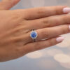 Natural Unheated Ceylon Cornflower Blue Sapphire Halo Ring in 18K White Gold Certified natural unheated cornflower blue Ceylon sapphire halo ring with diamonds in 18K white gold.