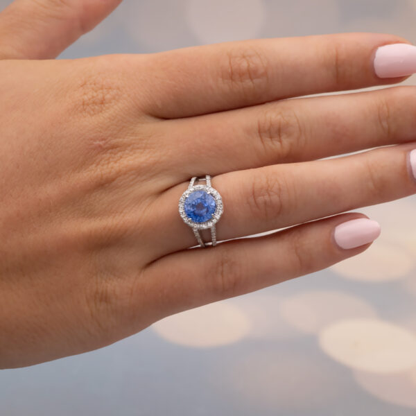 Natural Unheated Ceylon Cornflower Blue Sapphire Halo Ring in 18K White Gold Certified natural unheated cornflower blue Ceylon sapphire halo ring with diamonds in 18K white gold.