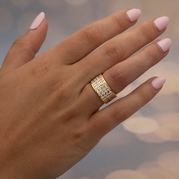 Four-Row Diamond Alliance Ring in 18K Yellow Gold 18K yellow gold four-row diamond alliance ring with round diamonds in a wide polished band.