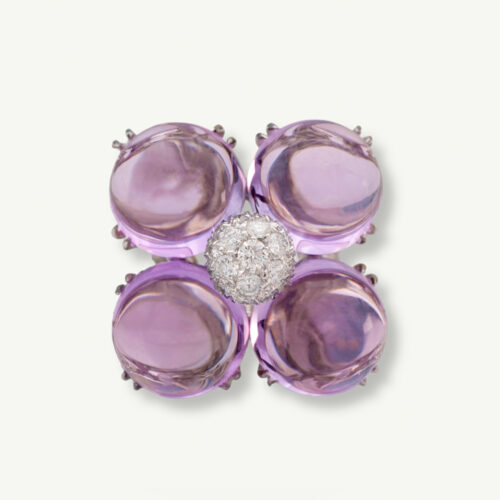 Amethyst Flower Ring in 18K White Gold 18K white gold flower ring with four amethyst cabochons and a diamond centre.