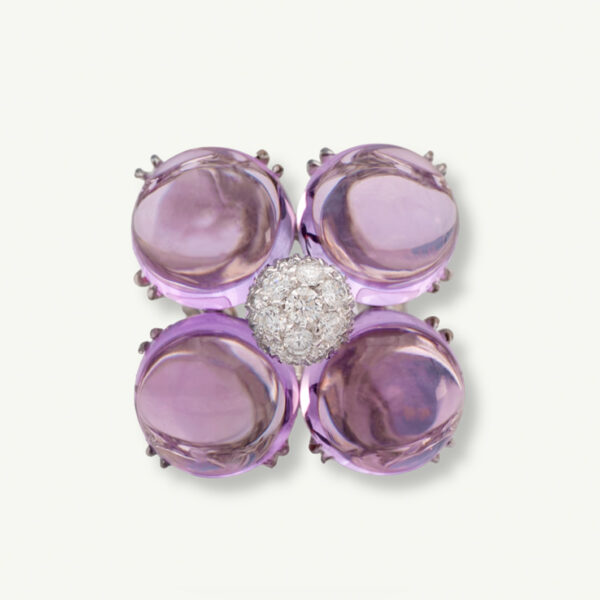 Amethyst Flower Ring in 18K White Gold 18K white gold flower ring with four amethyst cabochons and a diamond centre.