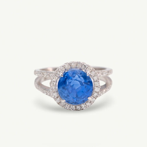 Natural Unheated Ceylon Cornflower Blue Sapphire Halo Ring in 18K White Gold 4.3 ct Sapphire Halo Ring