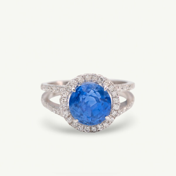 Natural Unheated Ceylon Cornflower Blue Sapphire Halo Ring in 18K White Gold 4.3 ct Sapphire Halo Ring